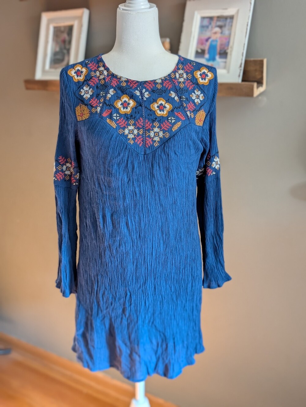 Blue Rain Embroidered Mini Dress Long Sleeve Blue Floral Boho Folk Cottagecore S